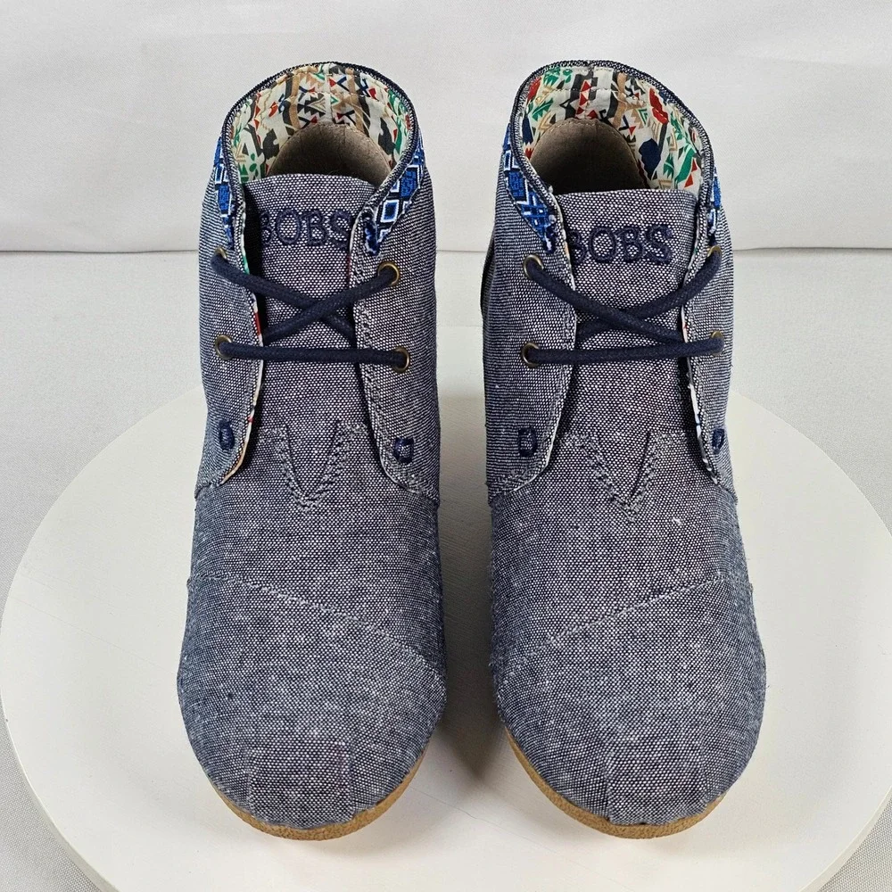 Skechers BOBS Denim Wedge Booties Navy Blue Lace Up Desert Boots 34288 NVY 7